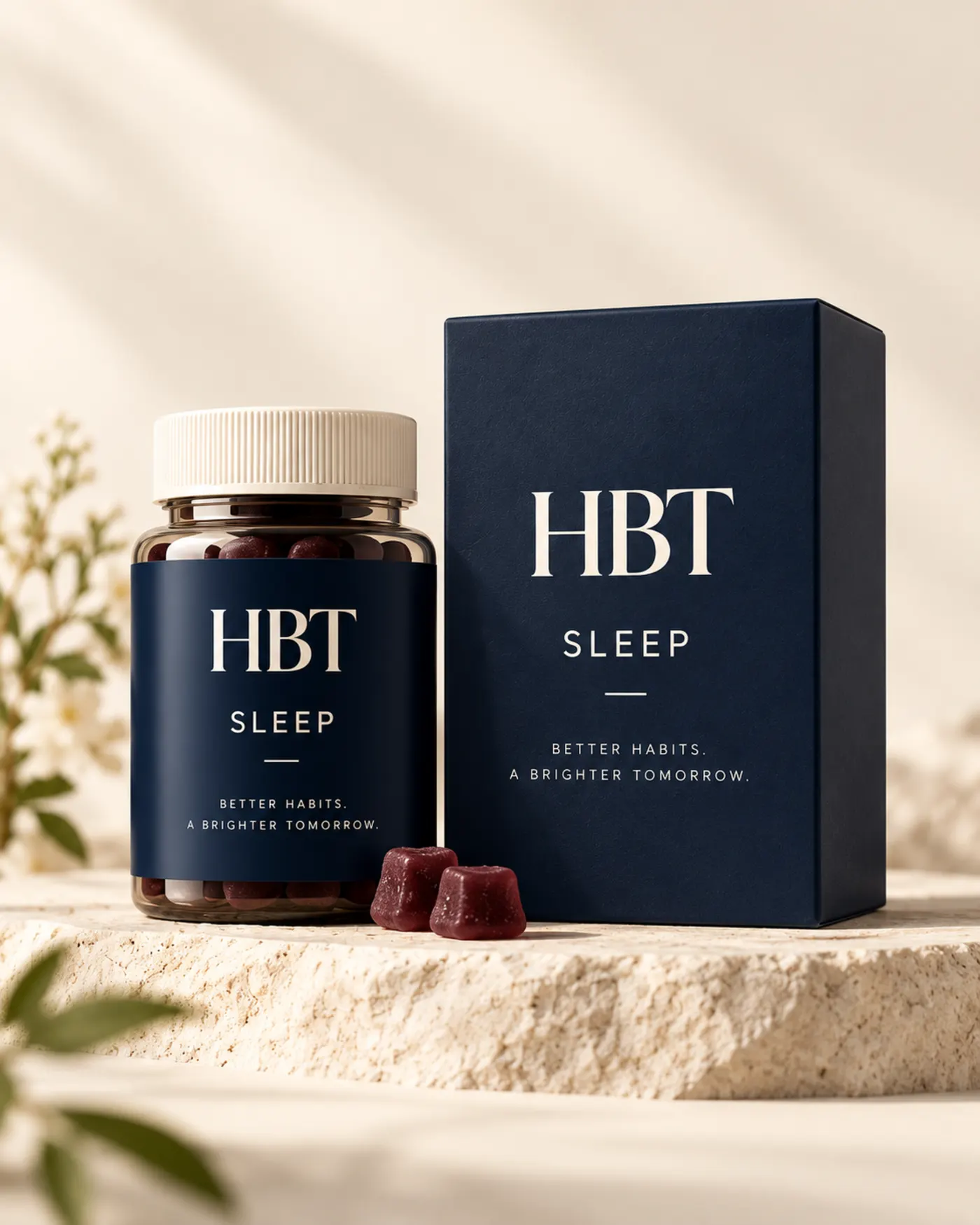 HBT Sleep bottle and navy box, concept product photography
